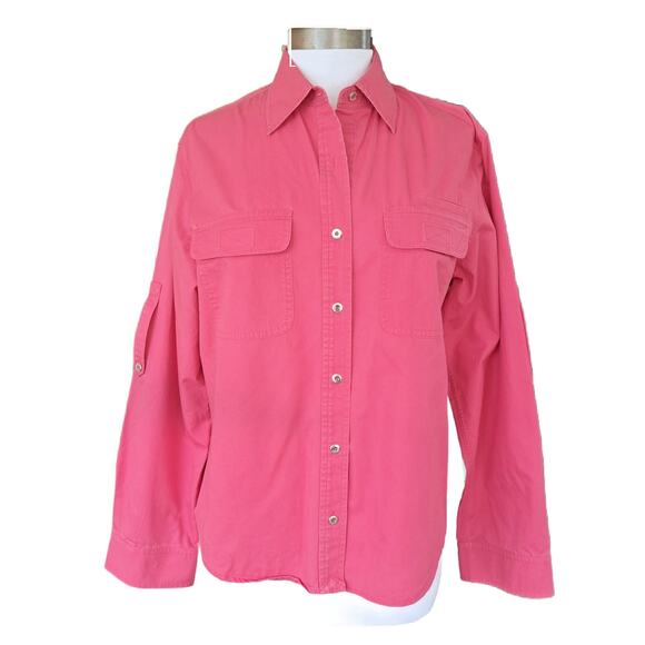 LAUREN Pink Button Down Camp Shirt Large Cotton Roll Tab Sleeve Pockets - Picture 2 of 11
